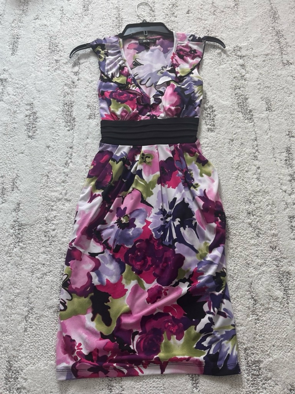 BCX Pink, Purple and Green Floral V-Neck Dress with Black Waistband